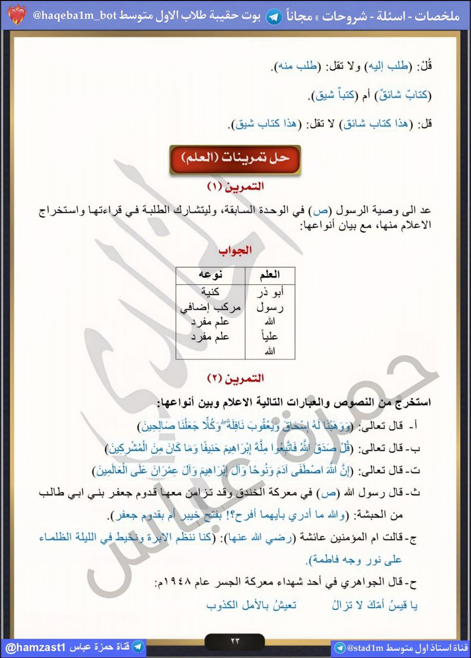 ملخص الوحدة الثالثة عربي اول متوسط