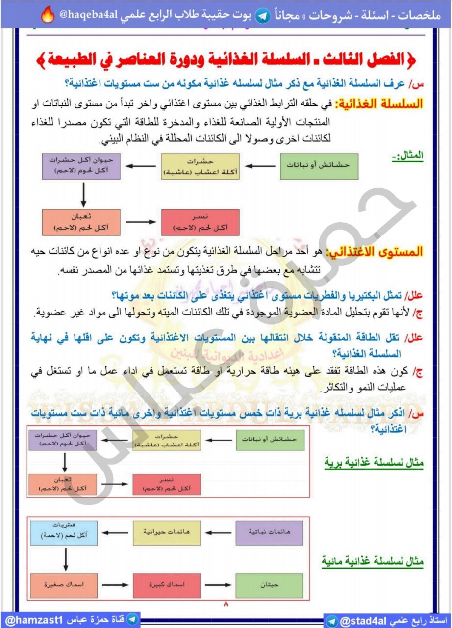 ملخص فصل ثالث السلسلة الغذائية احياء الرابع علمي pdf