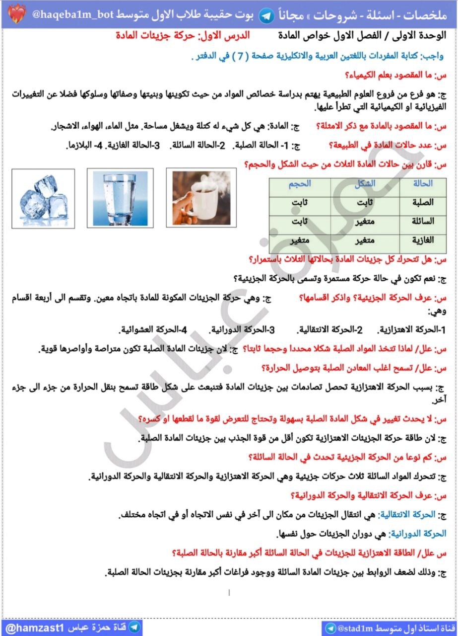 تلخيص كيمياء الفصل الاول اول متوسط pdf خواص المادة