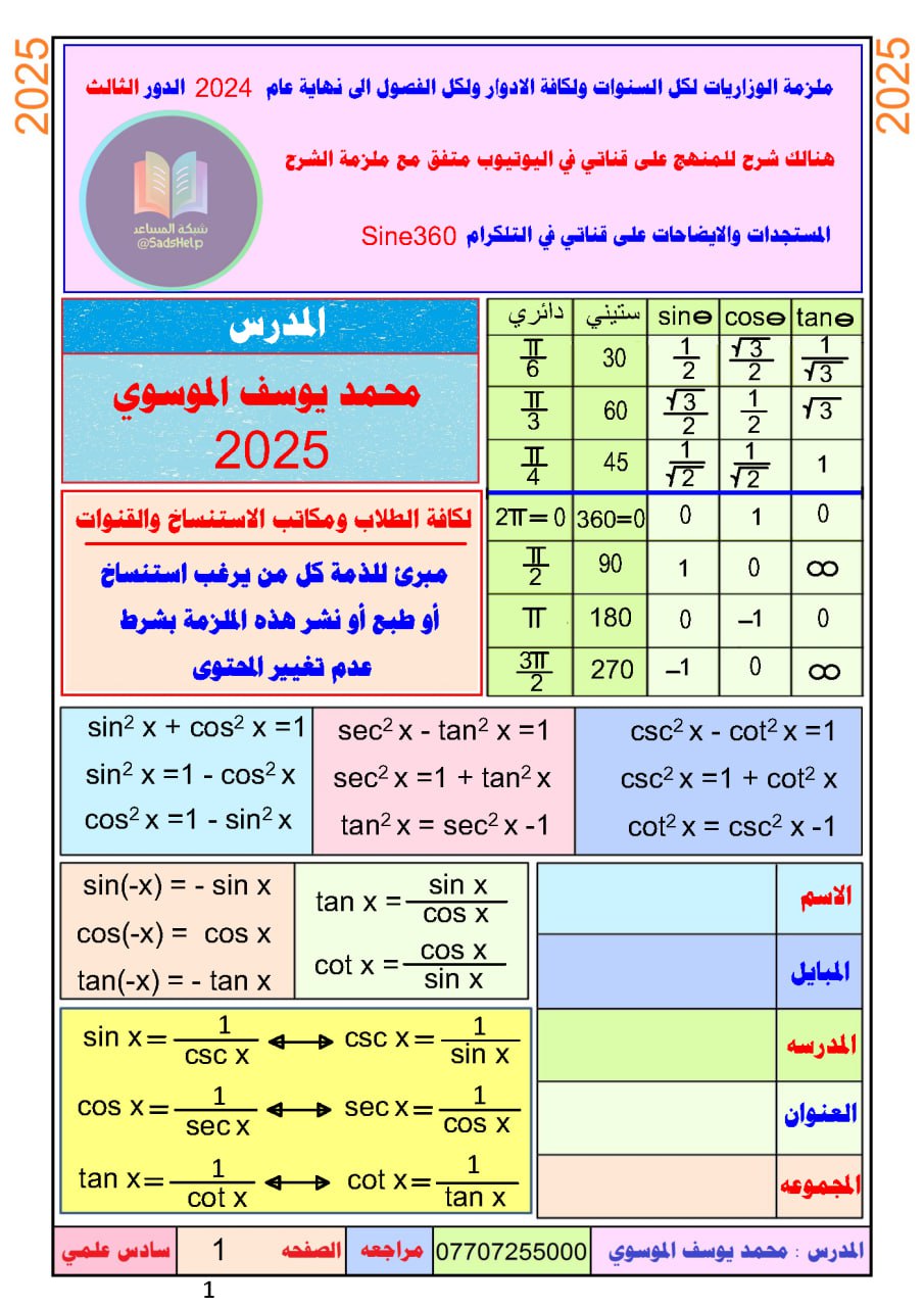 ملزمة وزاريات الرياضيات محمد يوسف الموسوي السادس العلمي 2025 PDF