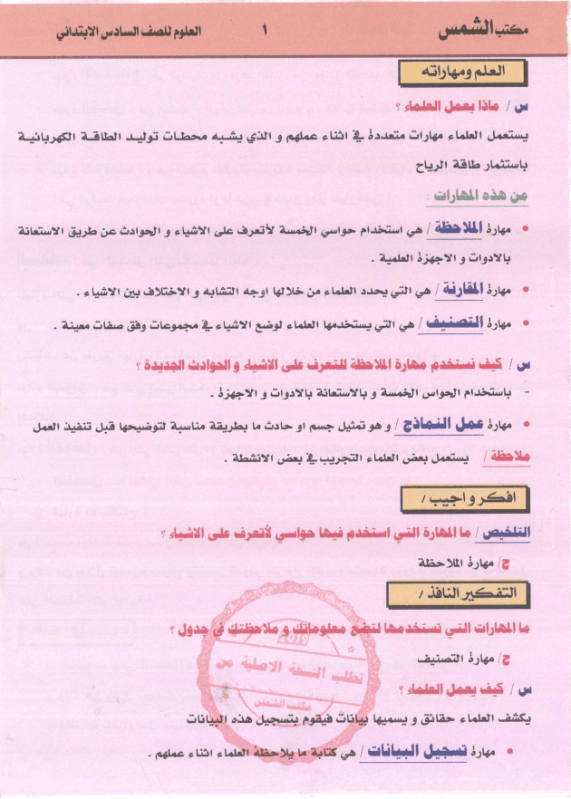 ملزمة علوم مكتبة الشمس السادس الابتدائي 2024 PDF
