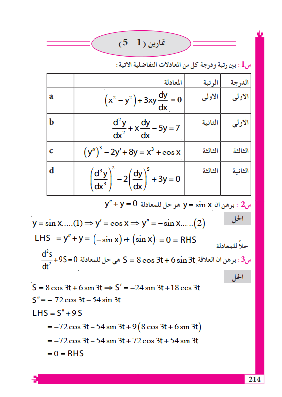 حل اسئلة الفصل الخامس المعادلات التفاضلية رياضيات السادس العلمي PDF