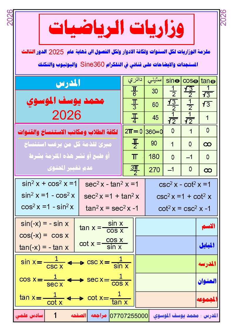 ملزمة وزاريات الرياضيات محمد يوسف الموسوي السادس العلمي 2026 PDF
