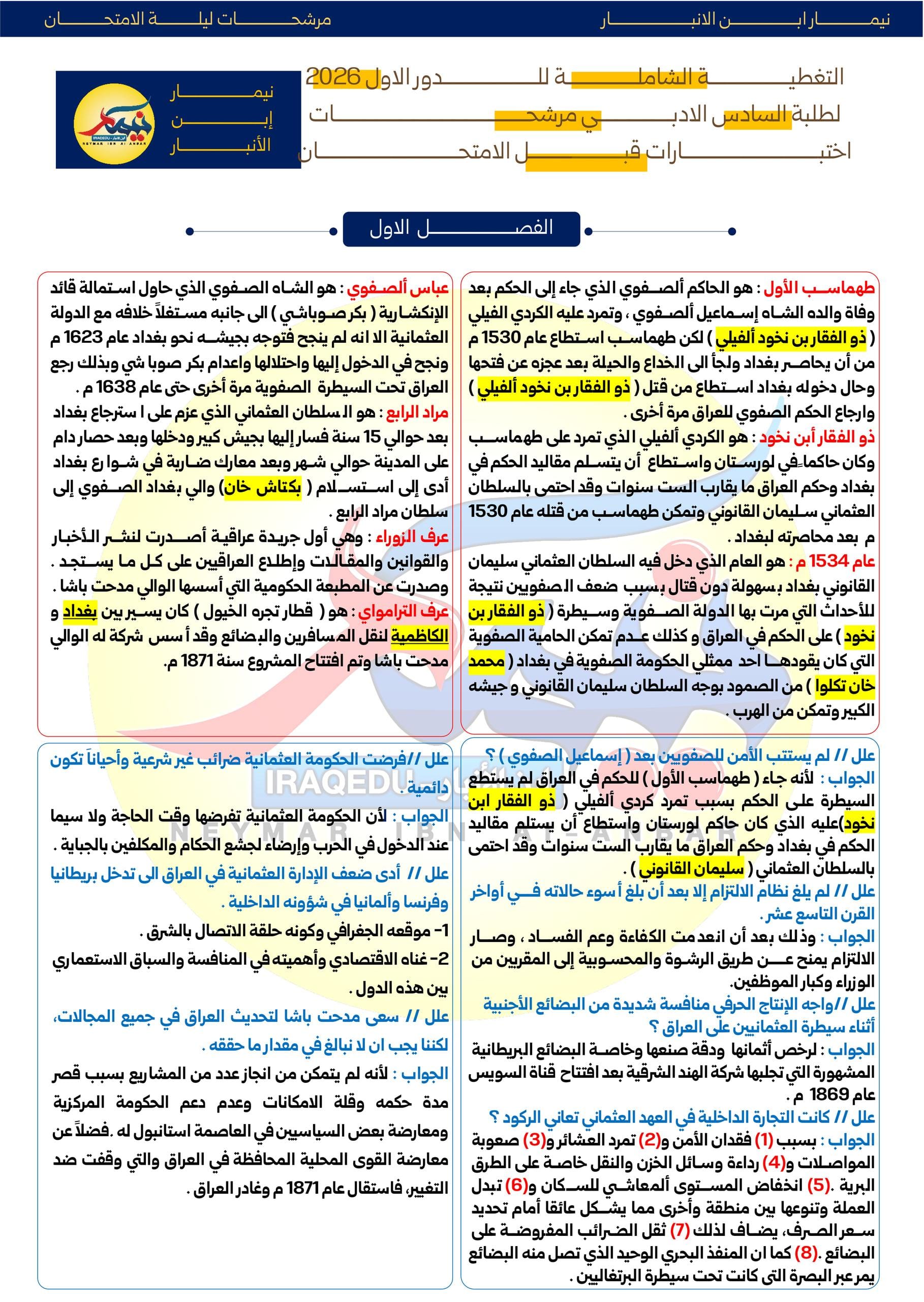 مرشحات التاريخ نيمار ابن الانبار السادس الادبي 2026 PDF